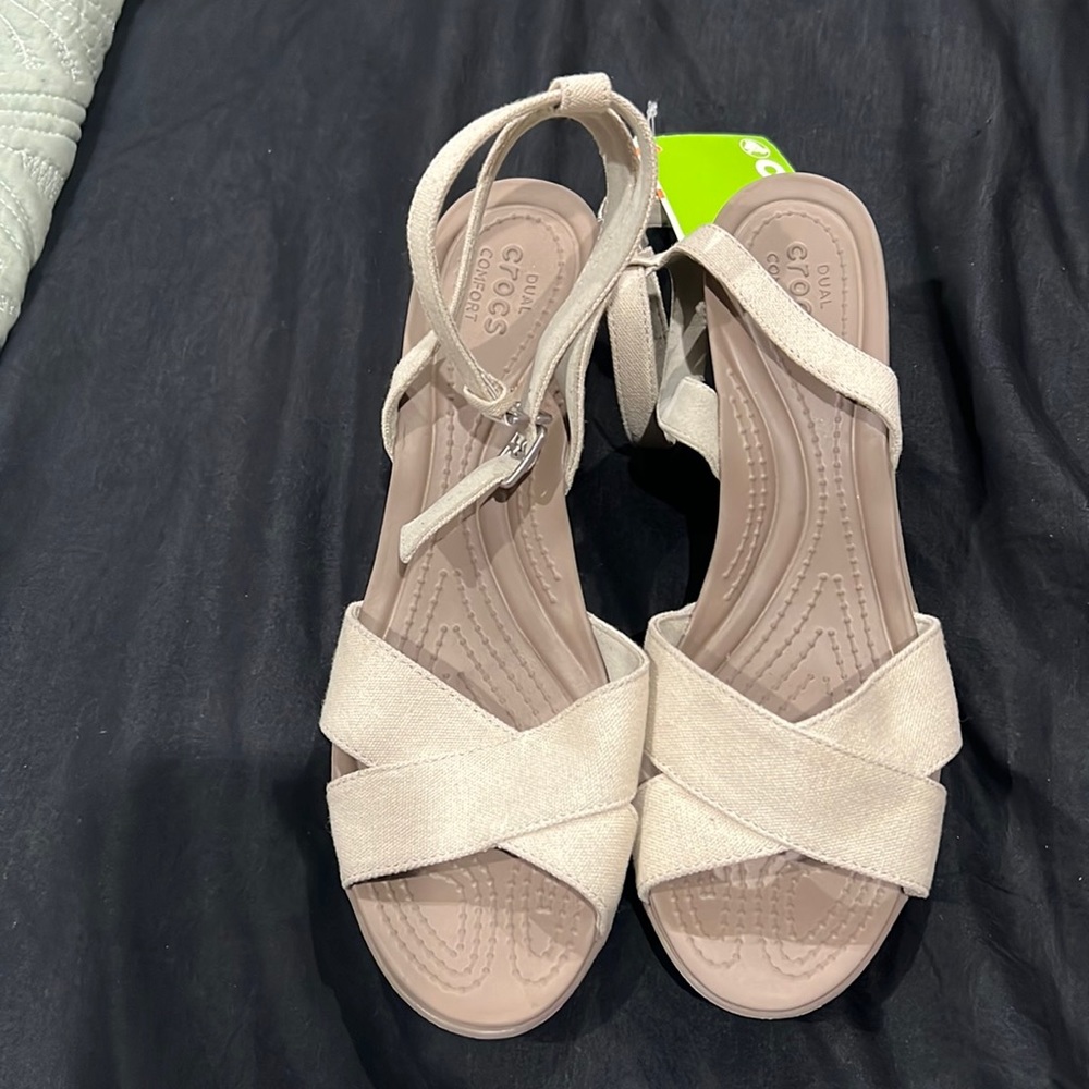 Ladies size 11 crocs beige heel wedges.